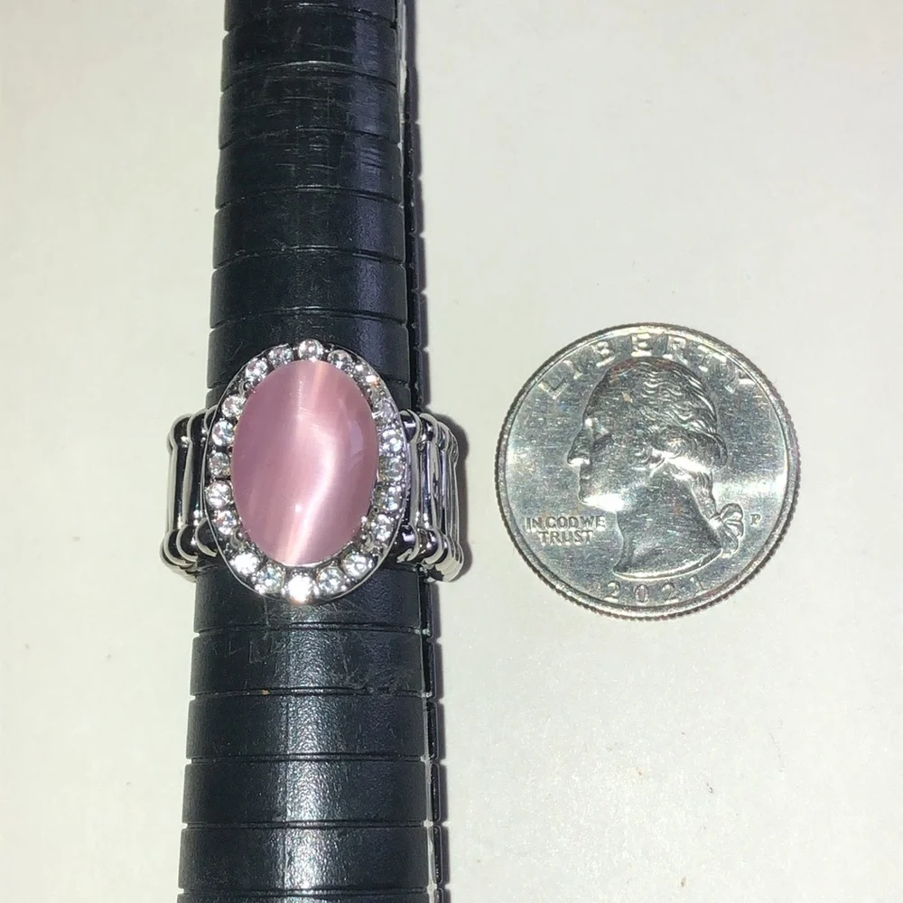 Silver Tone Ring with Pink Cat's Eye Center and Crystal Halo